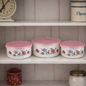 Vintage 1970s GMI Porcelain on Steel Floral Enamel Nesting Bowls with Pink Lids